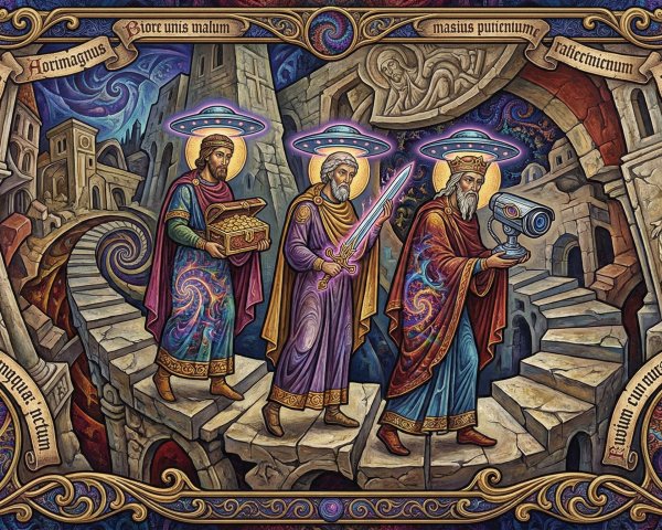 Byzantine-style painting of three kings with treasures