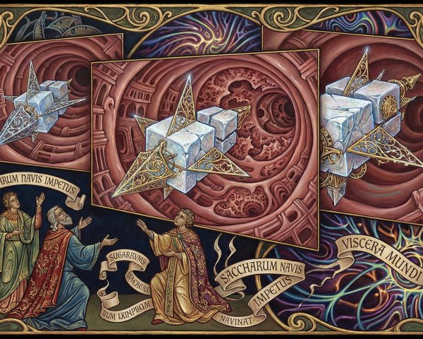 Stylized painting with ornate frame and spaceship scene