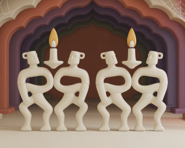 Abstract Figures with Candle Holders in Whimsical Setting