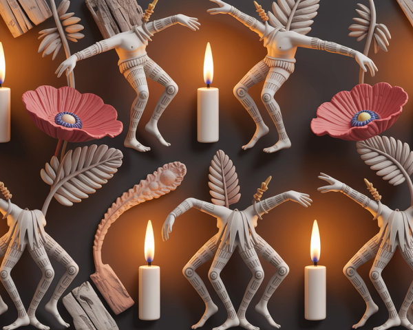 Stylized Figures and Floral Patterns in Ethereal Design