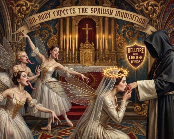 Gothic Altar Scene with Fairies and Gold Banner