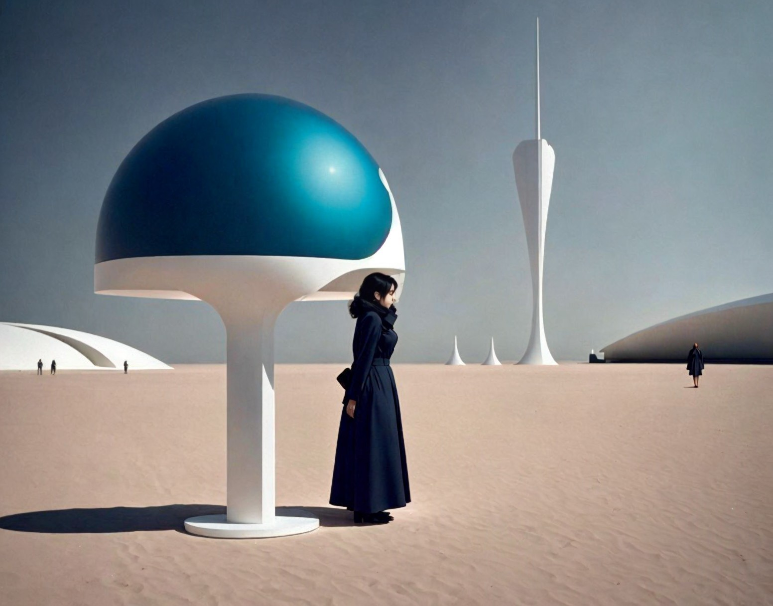 Person in dark coat near mushroom-shaped structure and futuristic buildings.