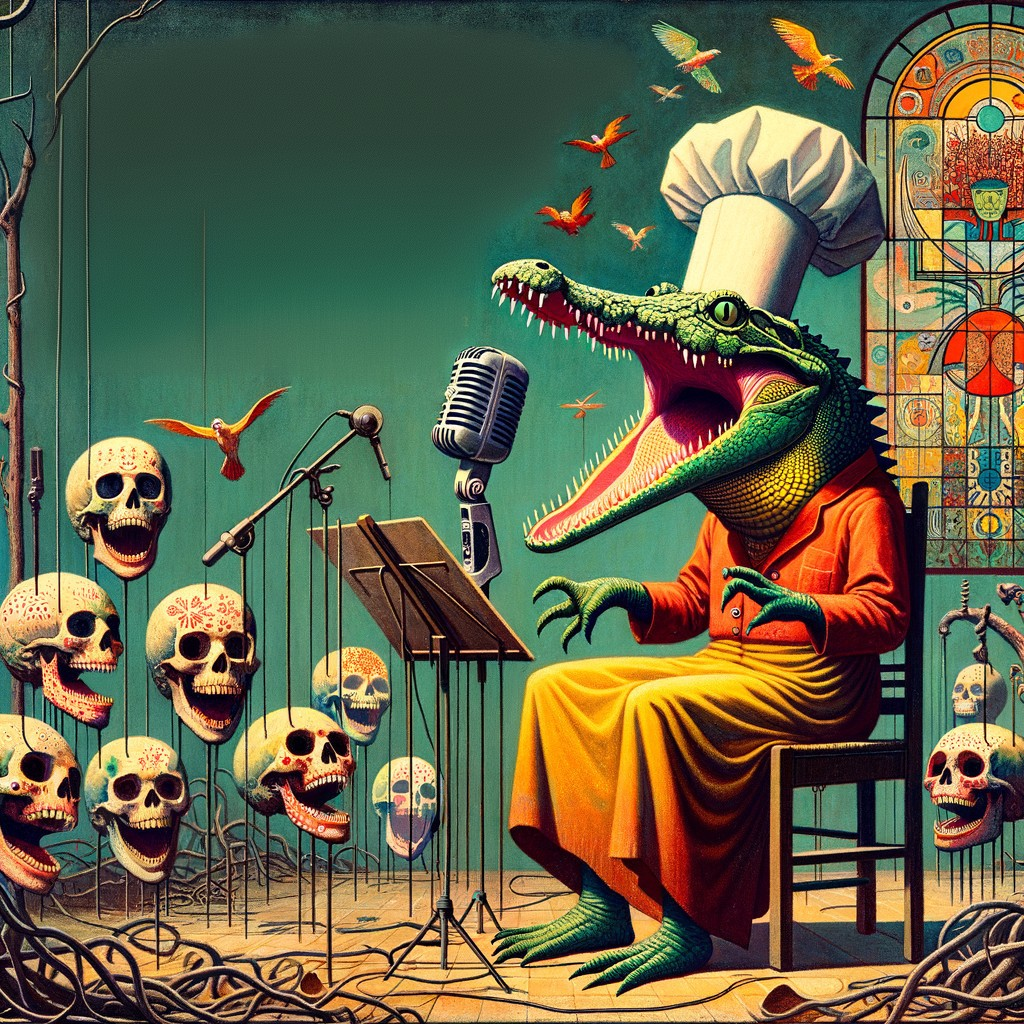 Crocodile Chef Surrounded by Skulls and Birds