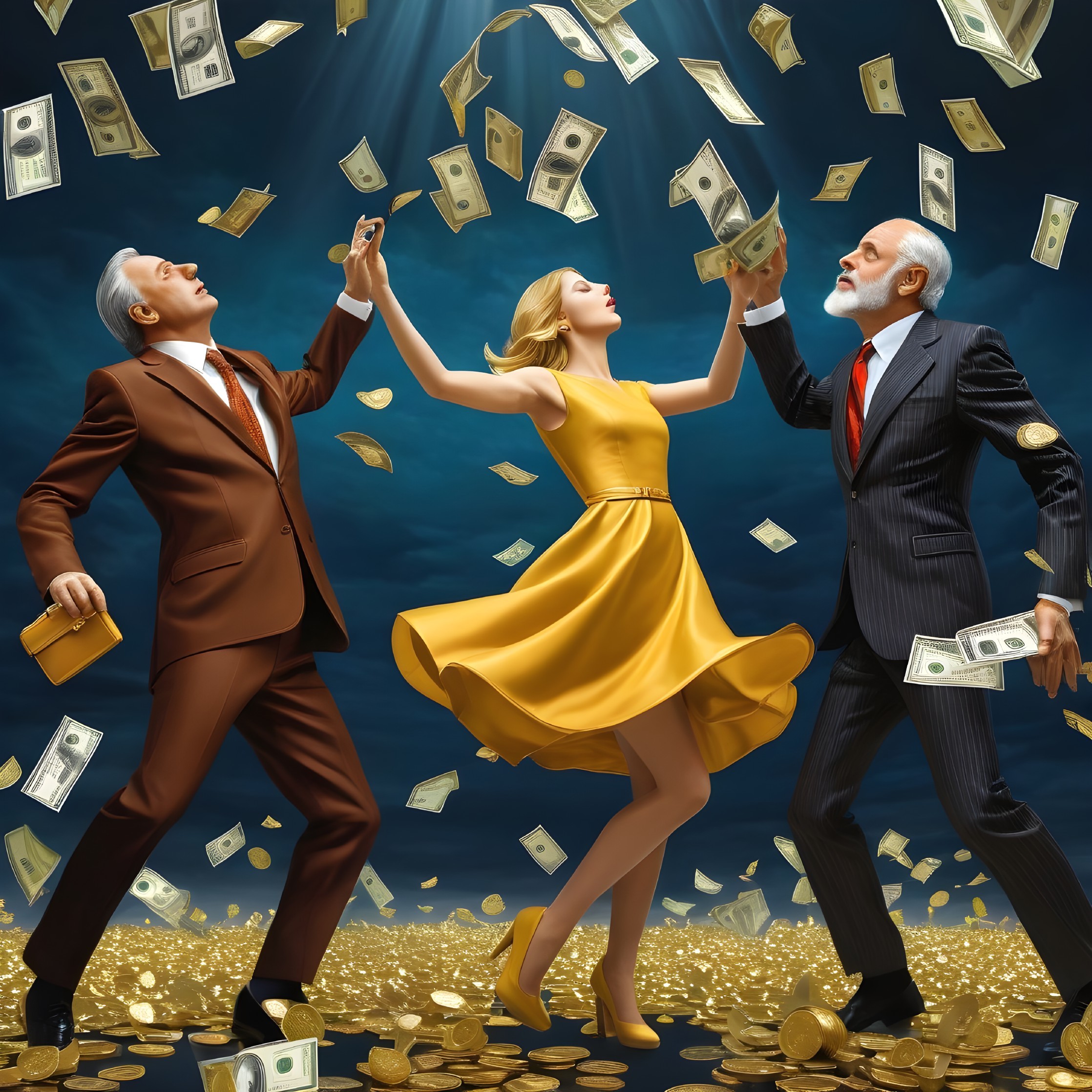 Three people in formal attire playing with dollar bills under a money shower.