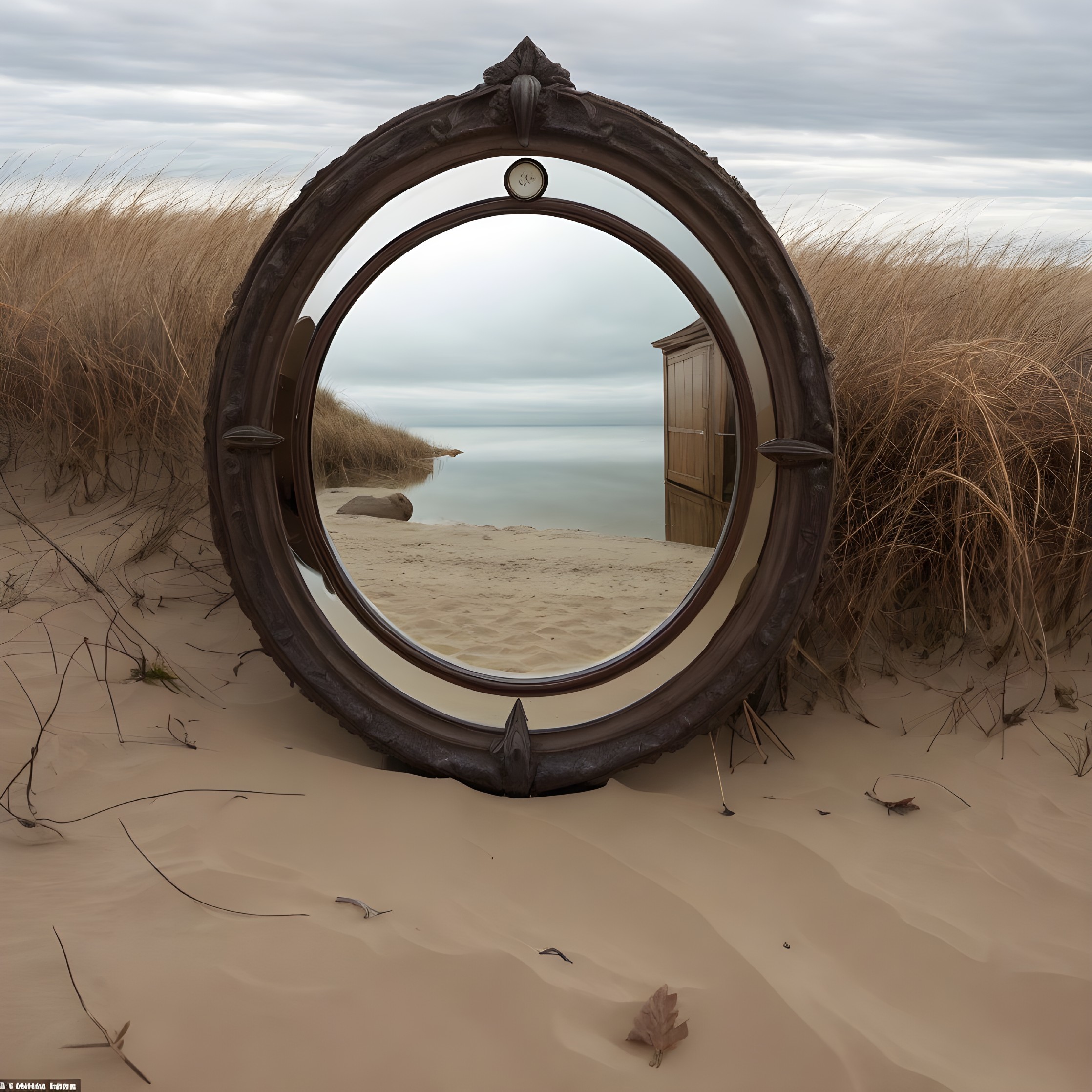 Ornate Frame on Beach Reflecting Coastal Scene