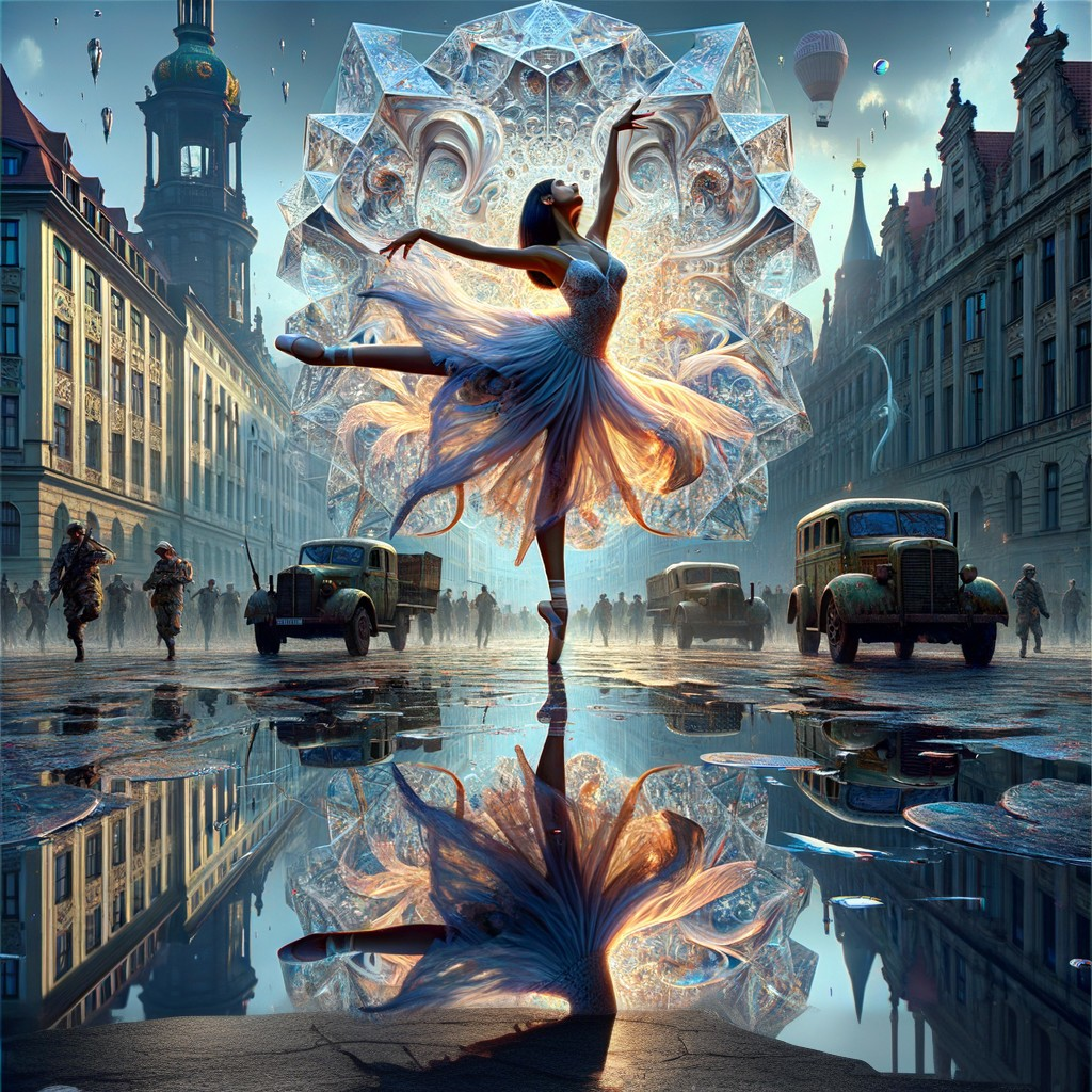 Ballet Dancer in Colorful Dress Against Surreal Cityscape