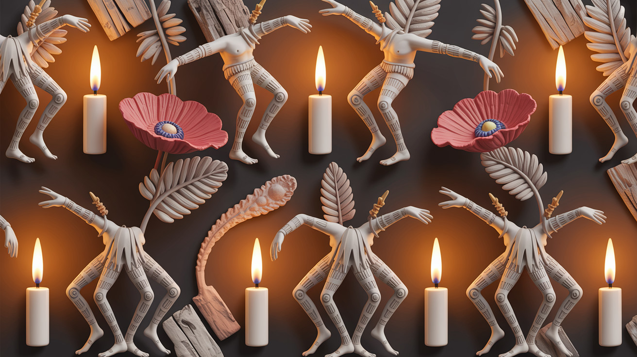 Stylized Figures and Floral Patterns in Ethereal Design