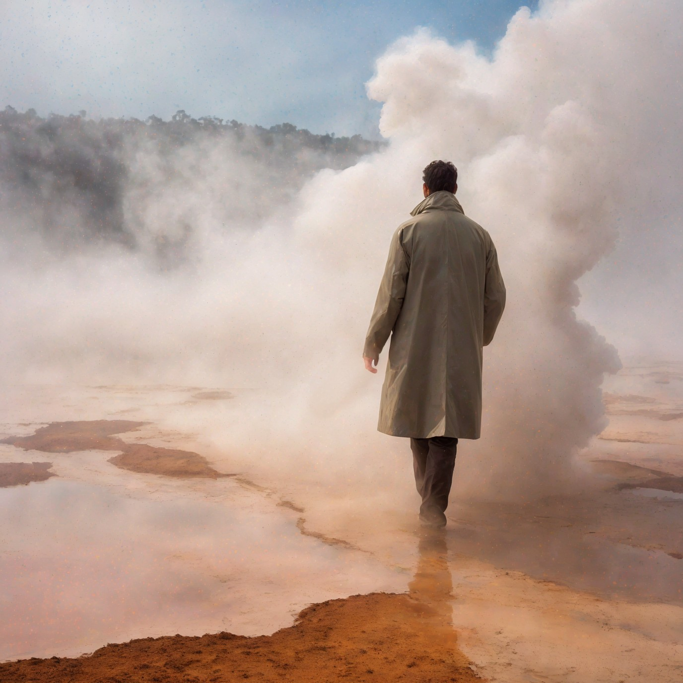 Person in beige coat near geothermal steam vent