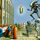 Composite surreal art: Last Supper meets sci-fi with aliens in classical setting