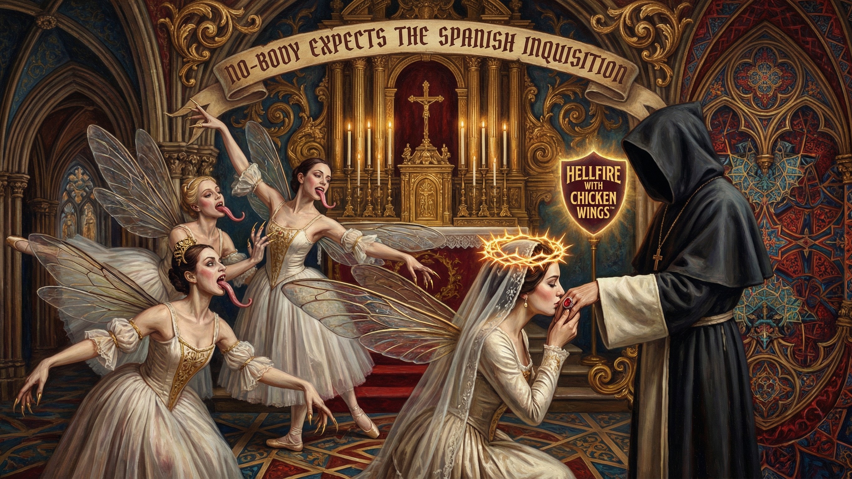 Gothic Altar Scene with Fairies and Gold Banner