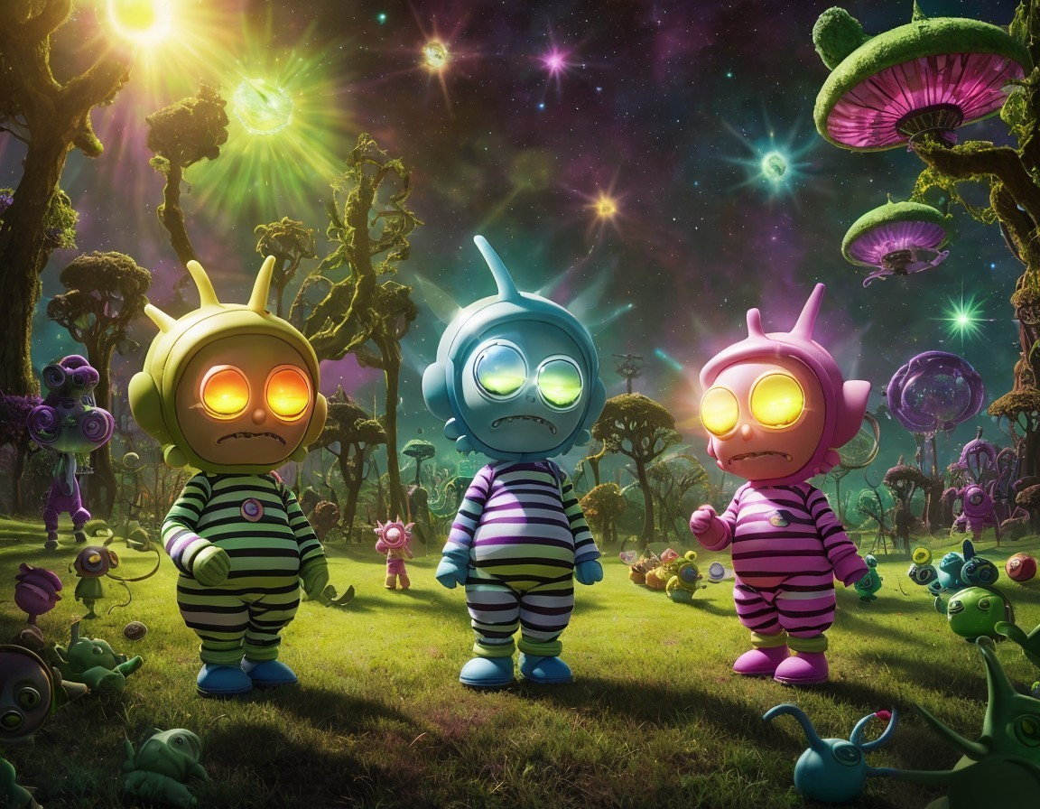 Colorful Humanoid Characters in Alien Landscape