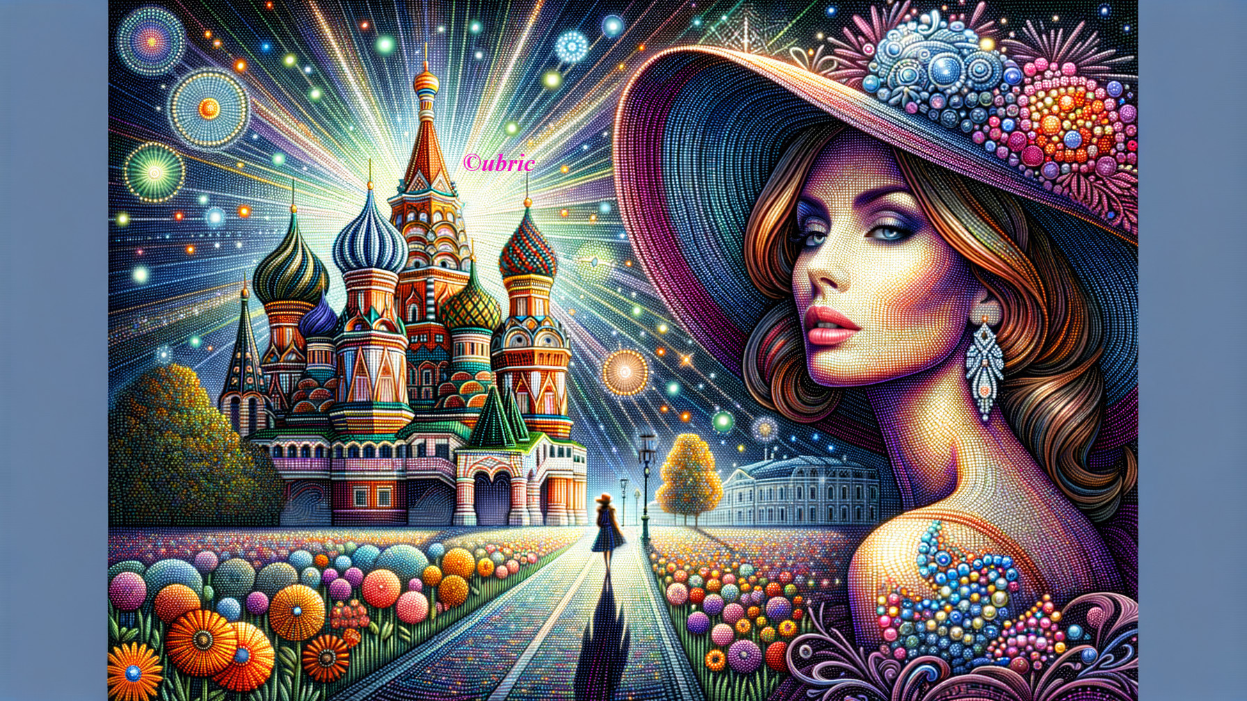 Colorful Illustration of Architectural Landscape and Woman