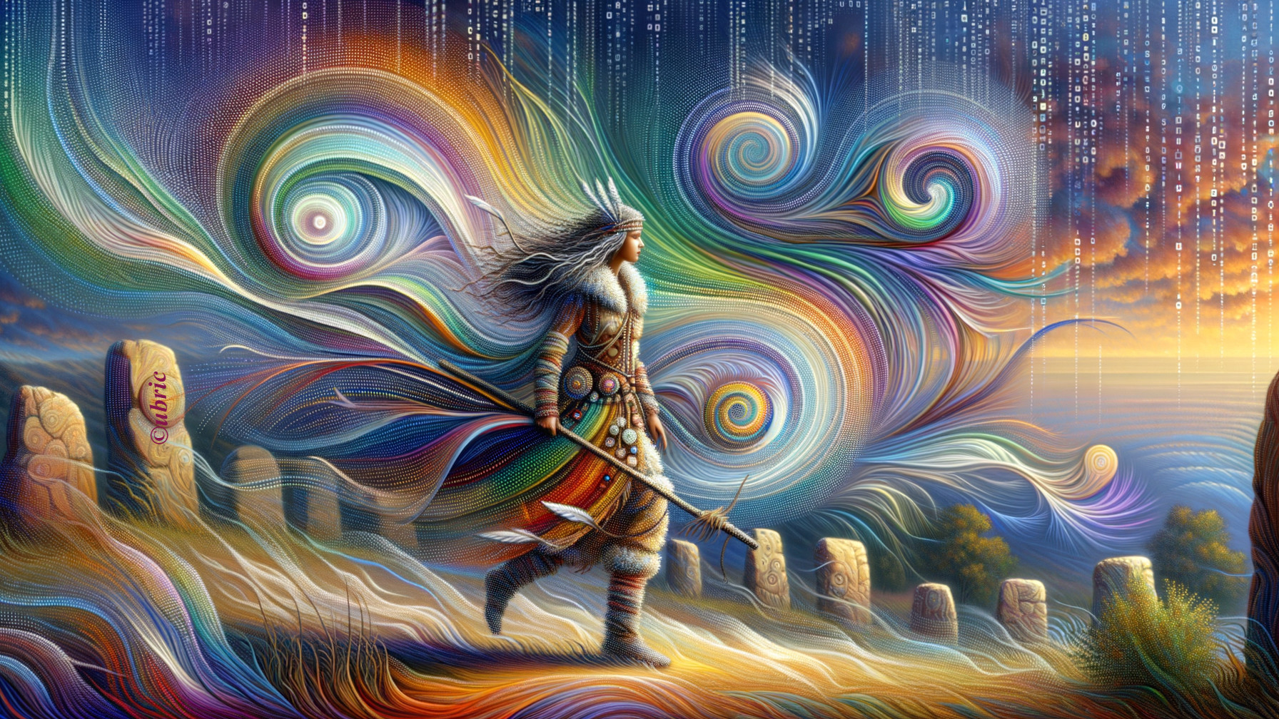 Mystical Figure on Colorful Path with Ancient Stones