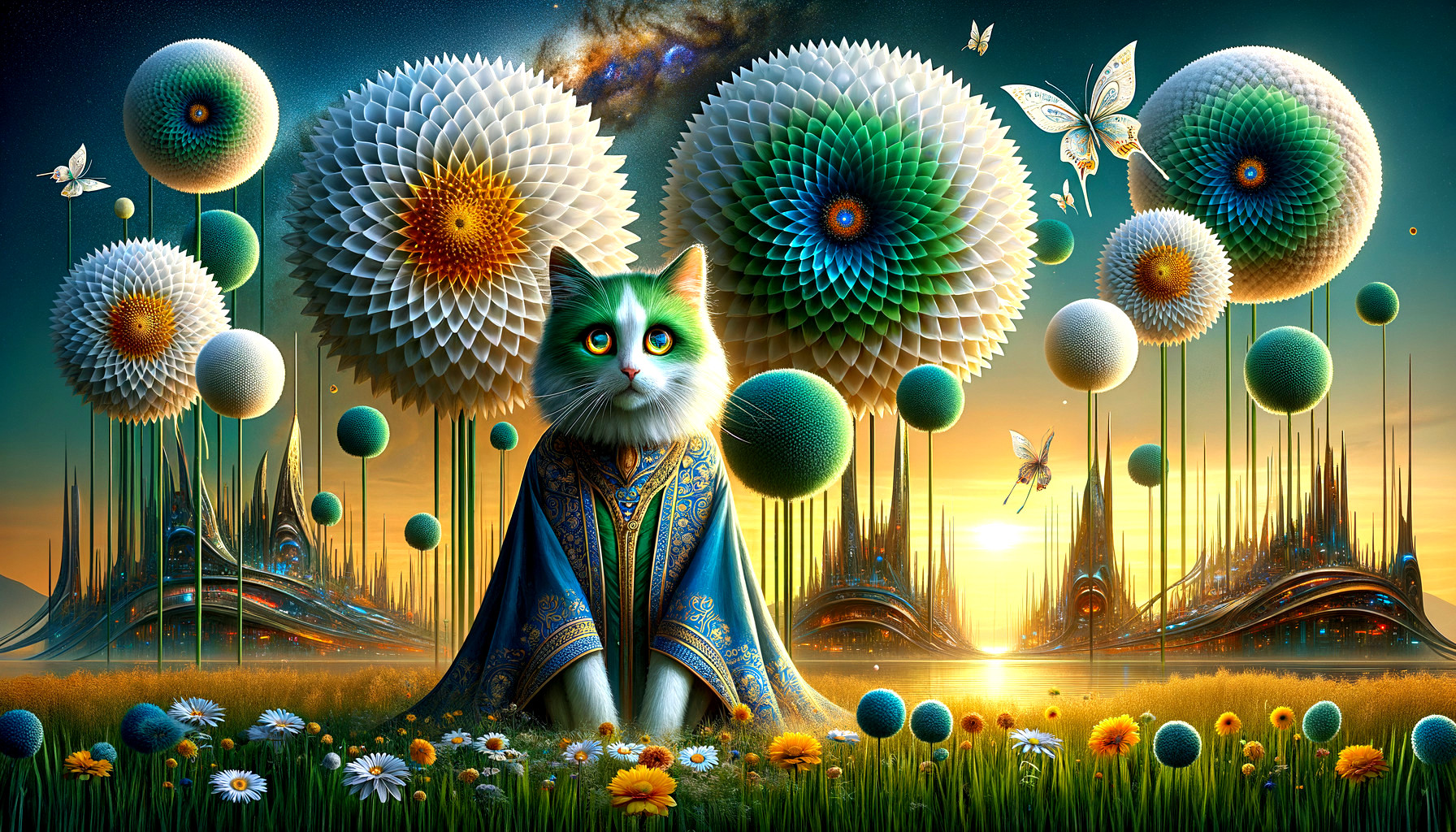 Fantastical Landscape with Anthropomorphic Cat and Flowers