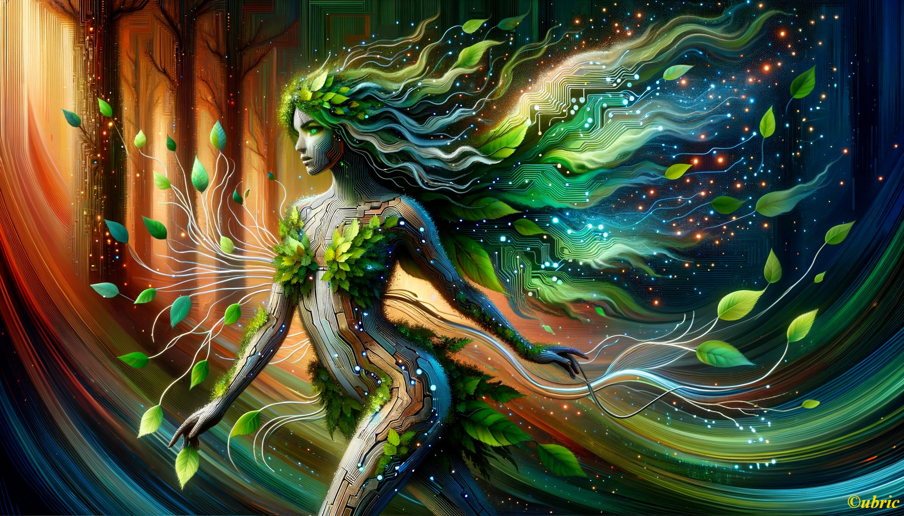 Mystical Figure Merging Nature and Technology Elements