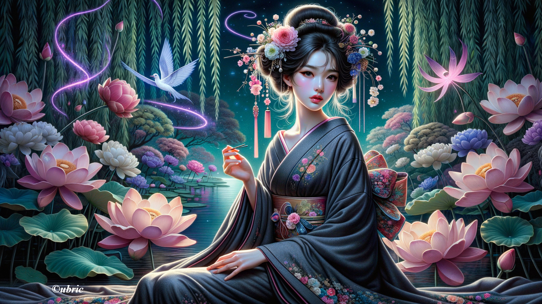 Young Woman in Kimono by Lotus Flowers and Pond