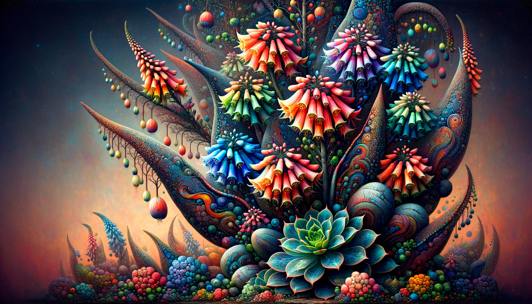 Surreal Artwork with Colorful Botanical Elements