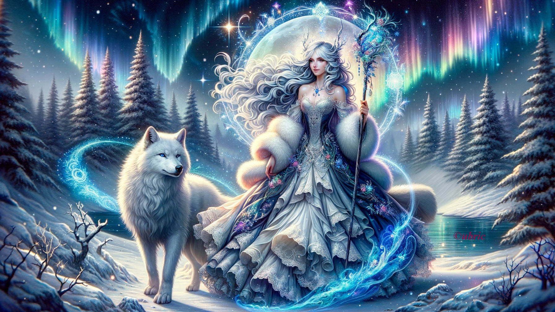 Mystical Winter Scene with Woman and White Wolf