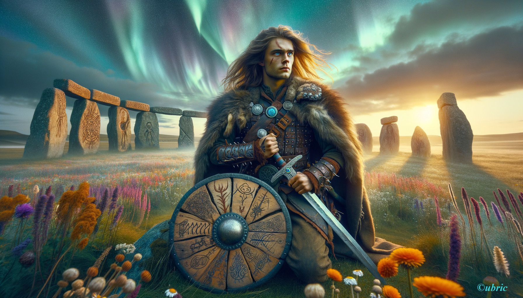 Viking Warrior Surrounded by Wildflowers and Ruins