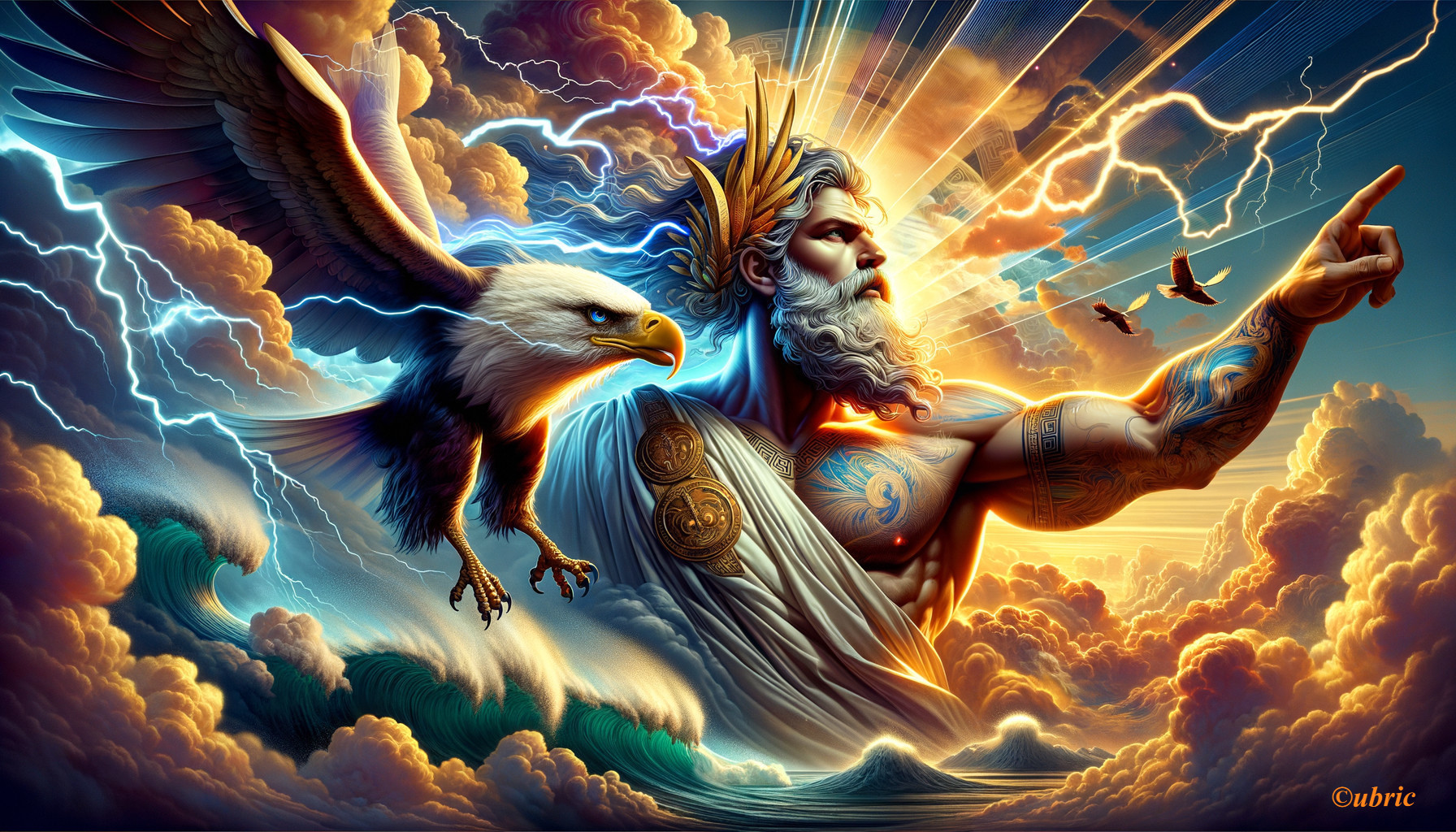 Deity Figure with Eagle in Dramatic Stormy Setting
