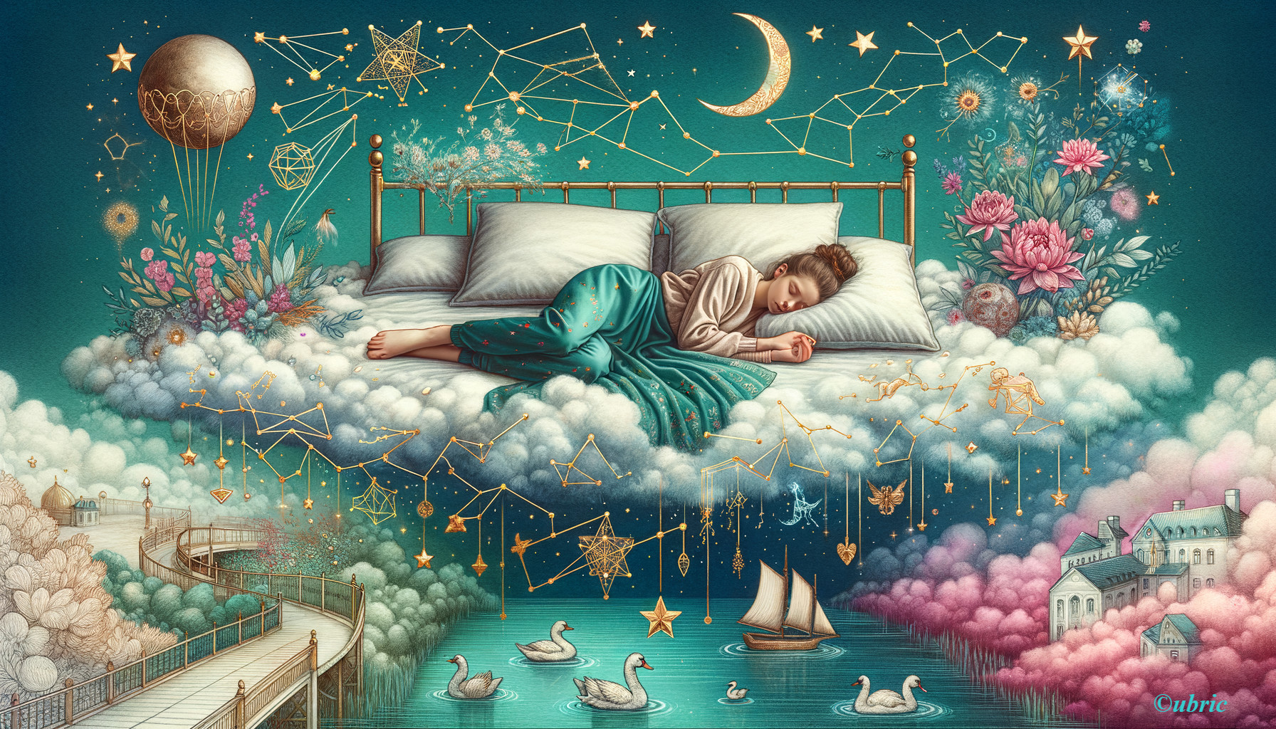 Dreamy Scene of a Girl Sleeping on a Cloud