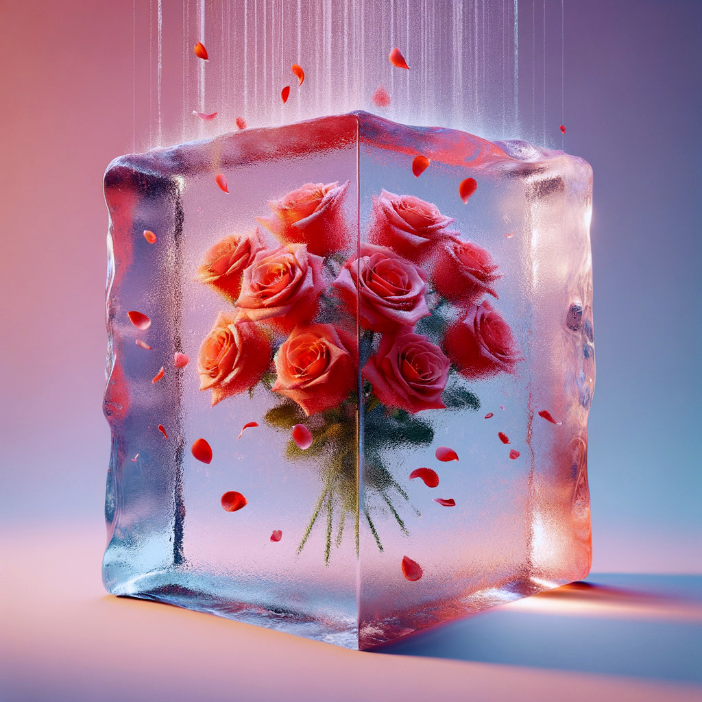 Red roses frozen in clear ice block with water droplets and light reflections