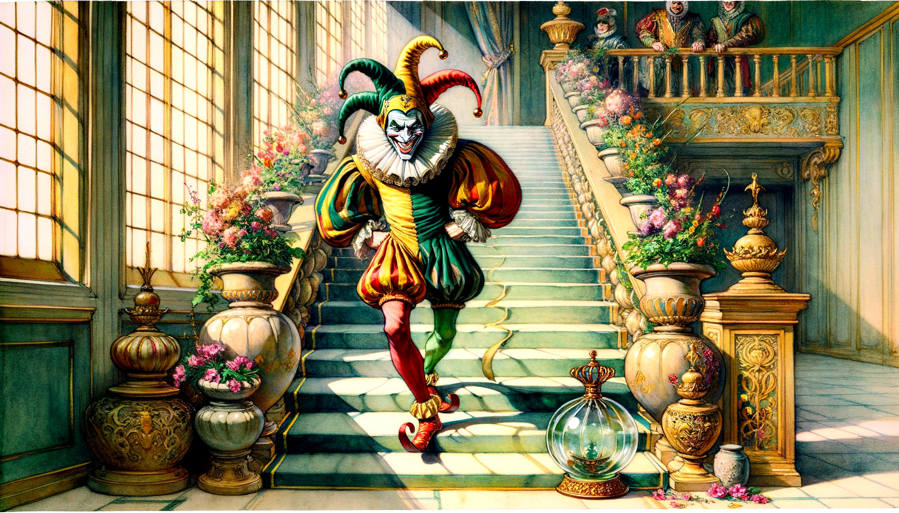 Vibrant Jester Dancing in Grand Hallway Setting