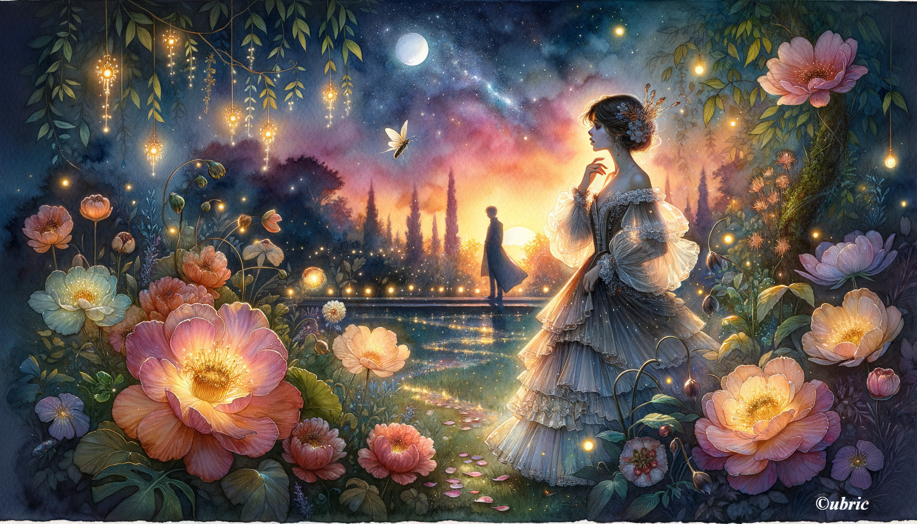 Elegant woman in gown by a flower-filled pond