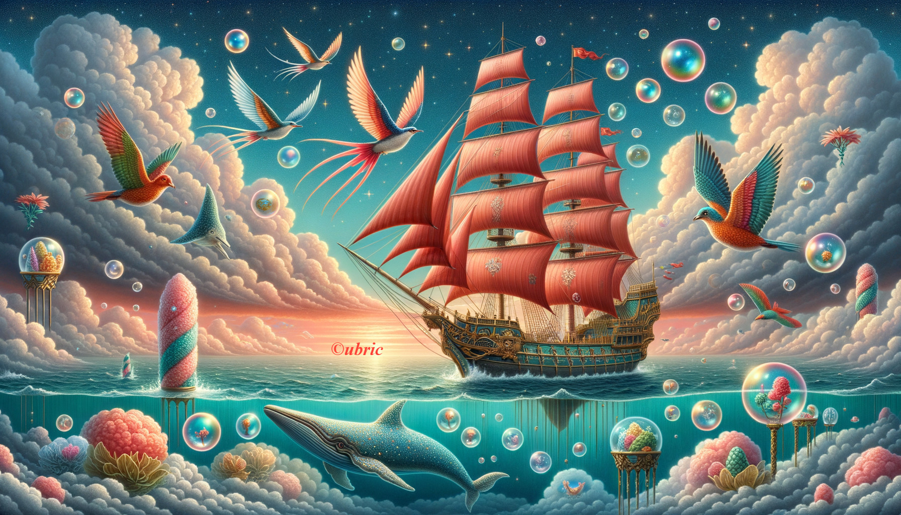 Majestic Ship with Red Sails in Surreal Ocean Scene