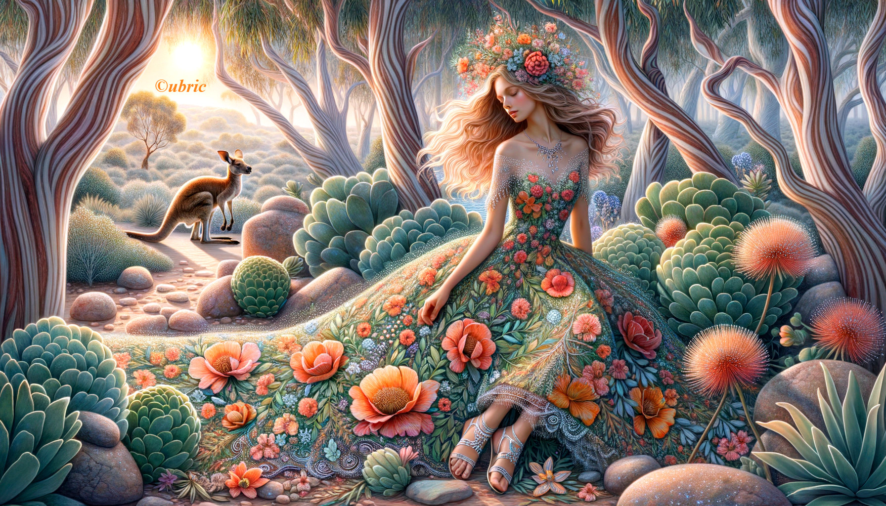 Enchanted Sunrise: Woman, Kangaroo, Flora