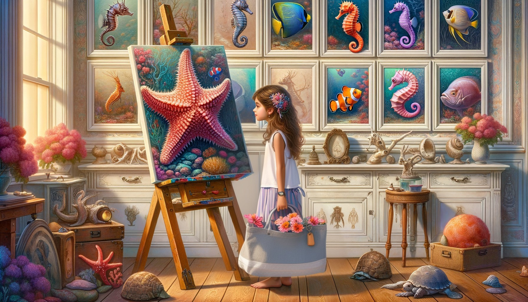 Girl in White Dress Observes Colorful Starfish Art
