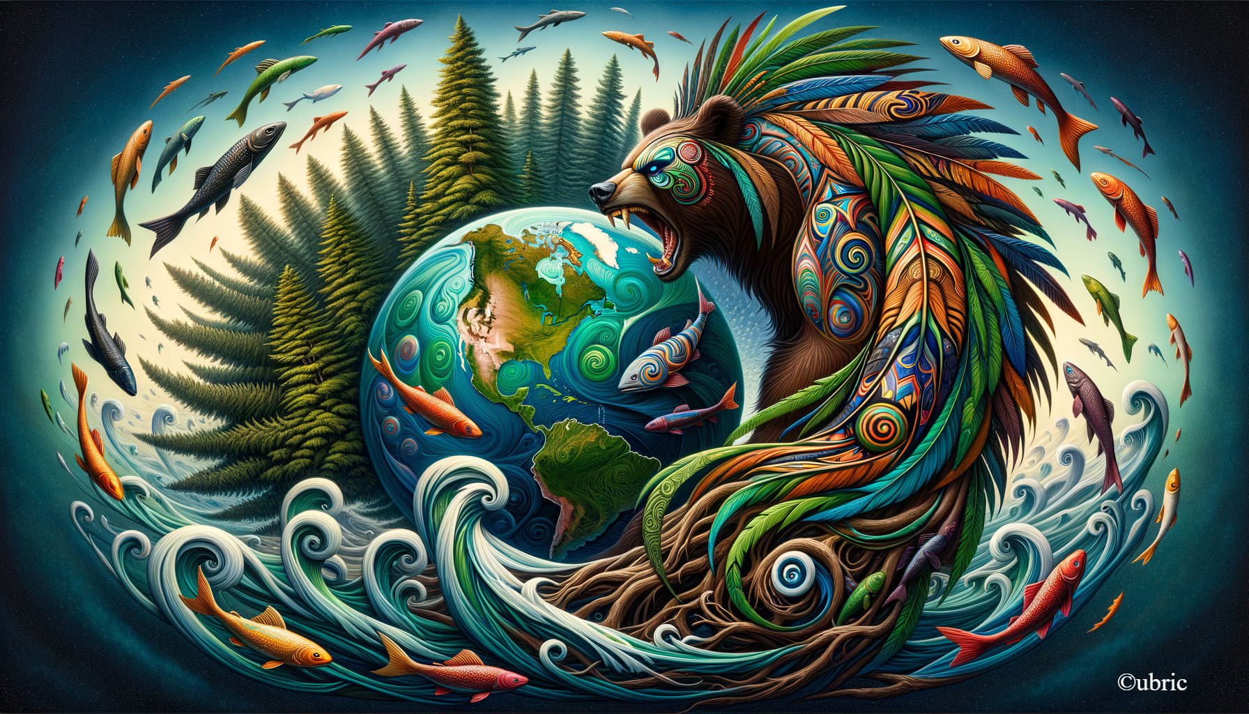 Vibrant Bear with Tribal Patterns and Earth Design