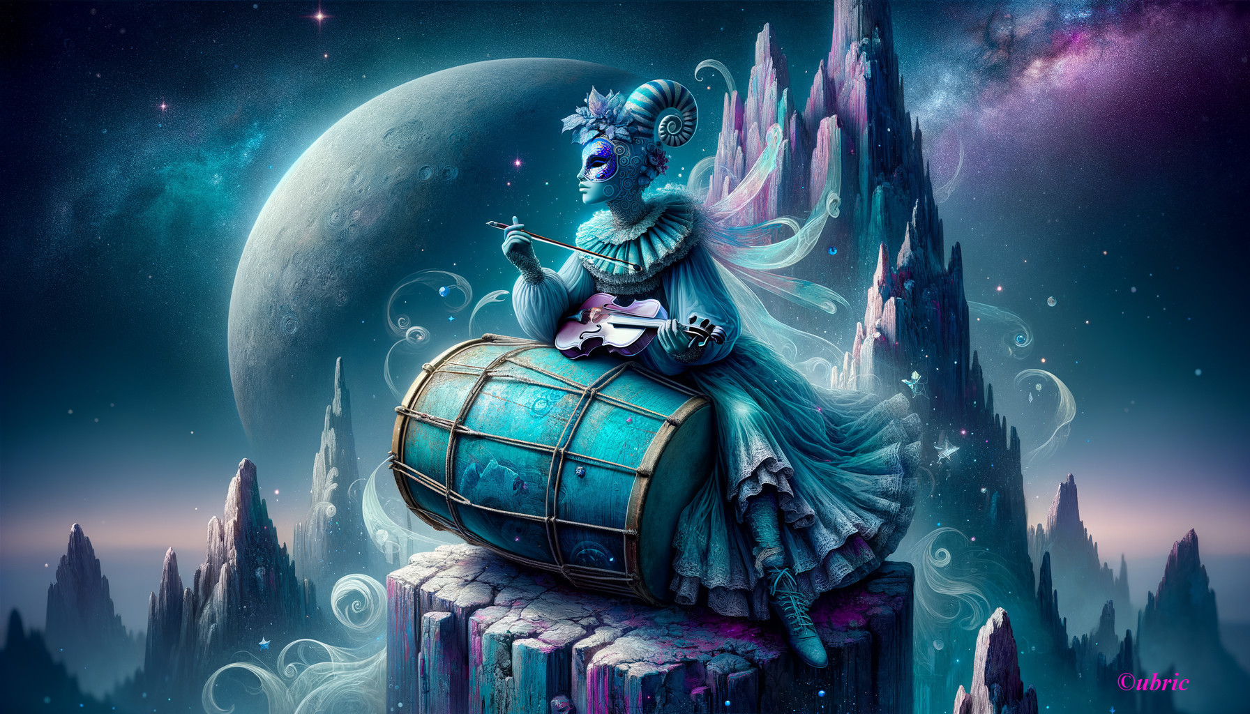 Celestial Figure in Ornate Blue Attire on Rocky Outcrop