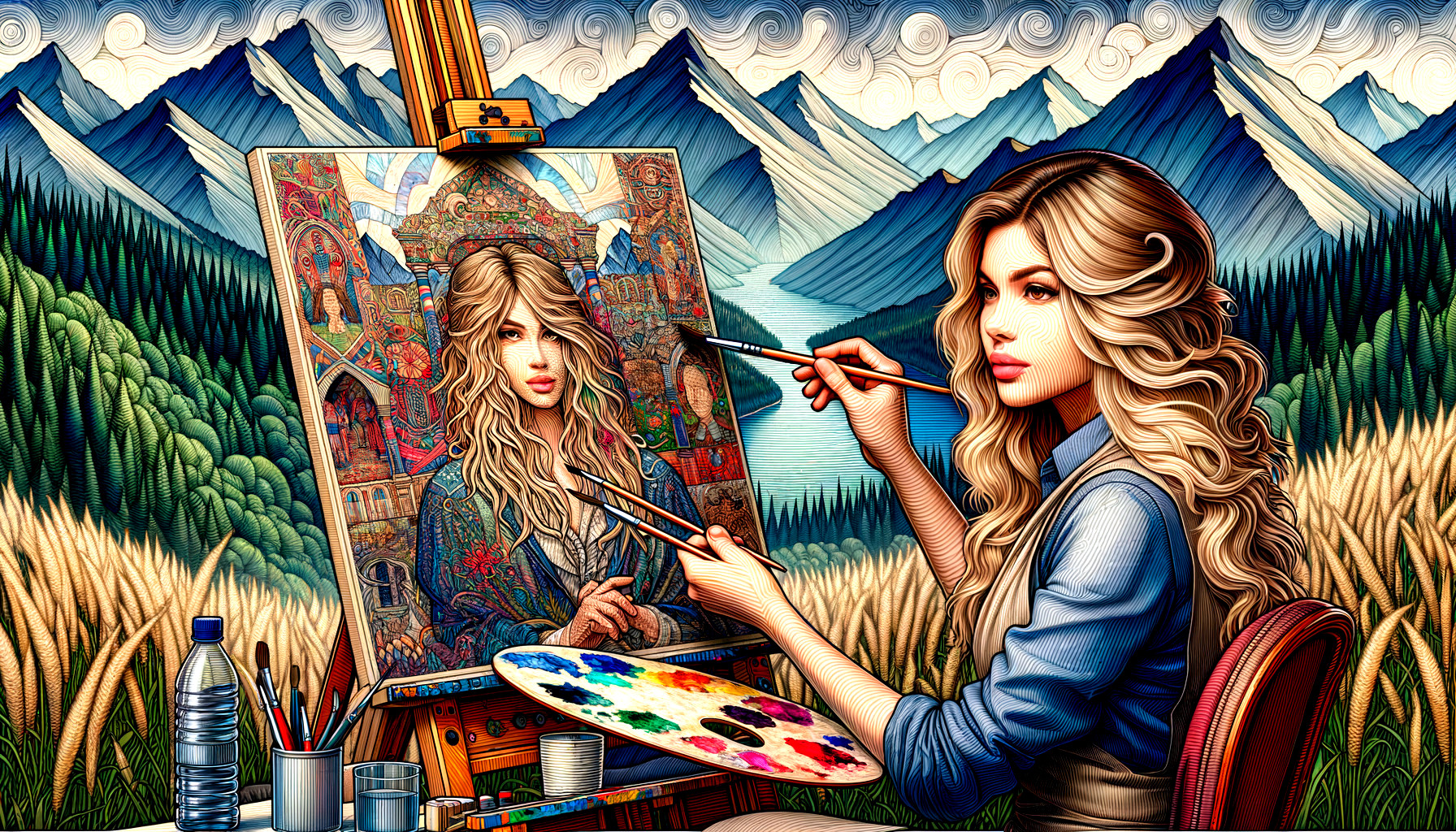 Self-Portrait Surrounded by Scenic Mountain Landscape