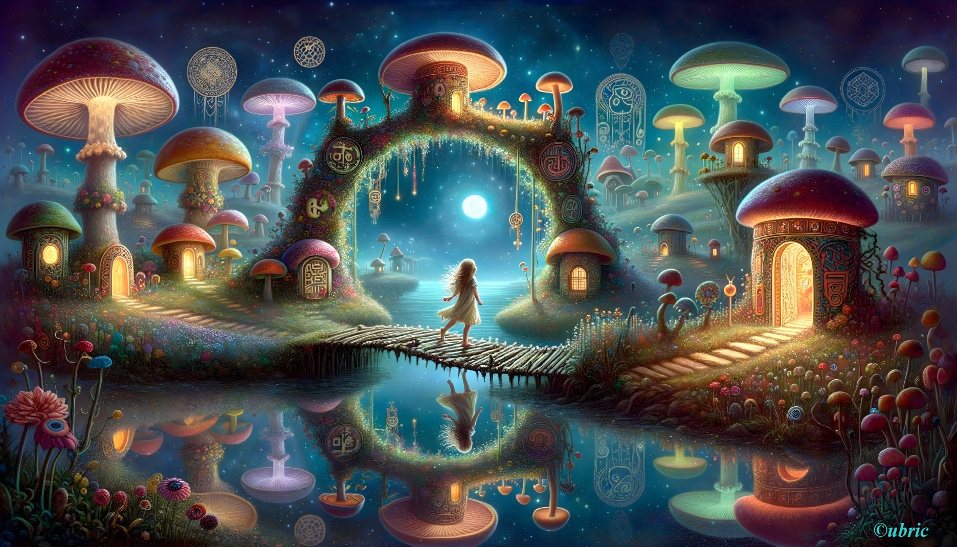 Whimsical Landscape with Oversized Mushrooms and Houses