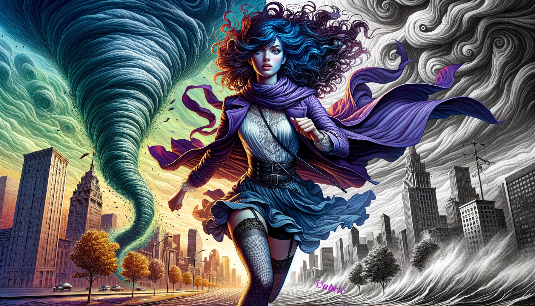 Powerful Female Figure Escaping a Tornado Scene