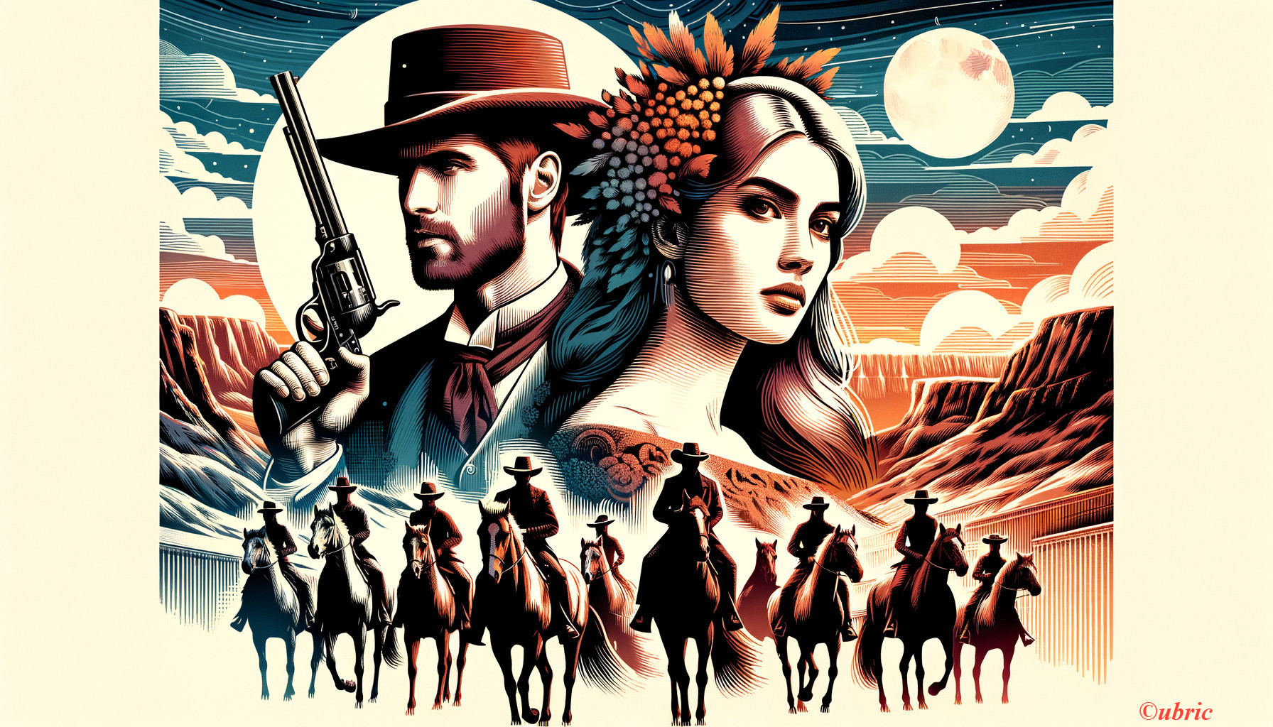 Western-Themed Illustration with Cowboy and Woman