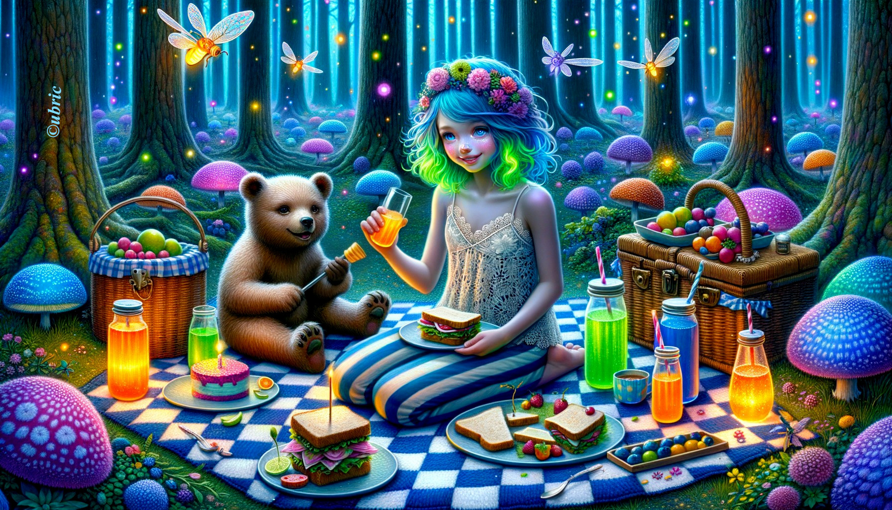 Whimsical Forest Picnic with Bear Cub and Luminous Trees