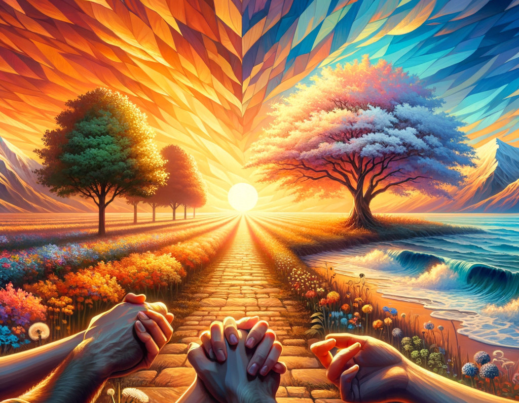 Colorful surreal landscape with central path, radiant sun, diverse trees, flowers, and framing hands.