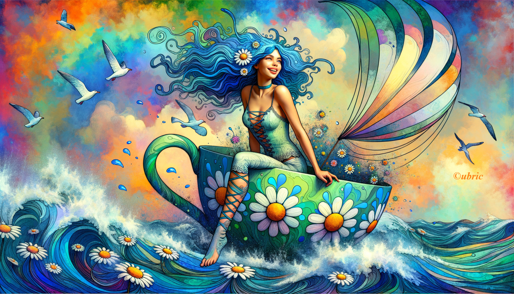 Whimsical Scene of a Woman in a Giant Teacup