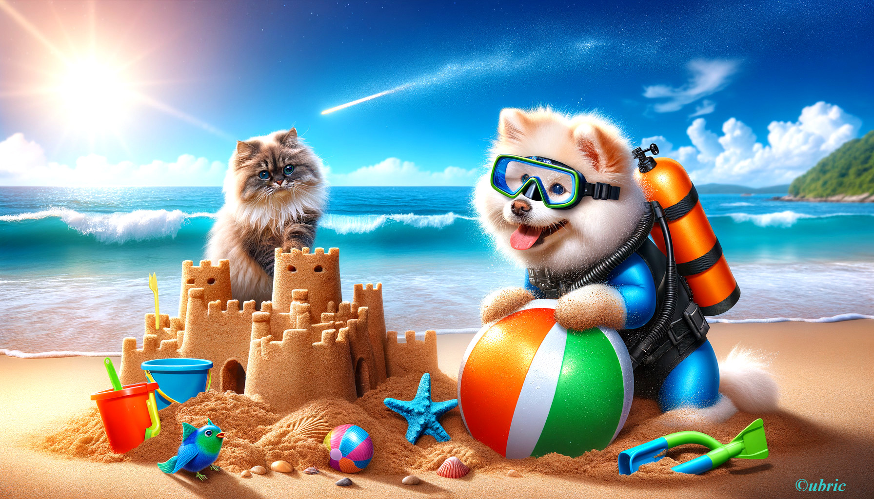 Playful Beach Scene with Dog, Cat, and Sandcastle