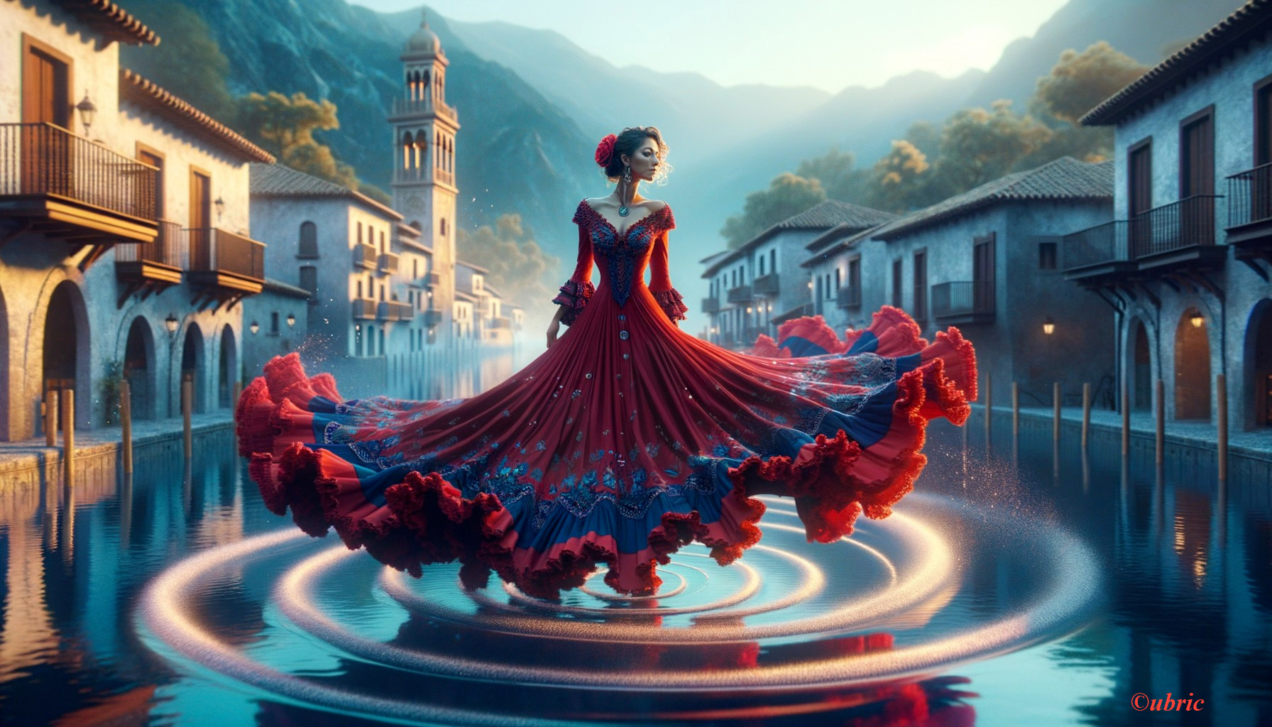 Woman in Colorful Gown by Tranquil Canal
