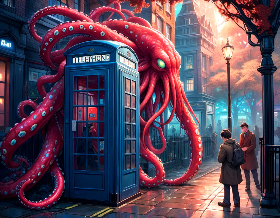 Giant Octopus and Telephone Booth Encounter in City Street