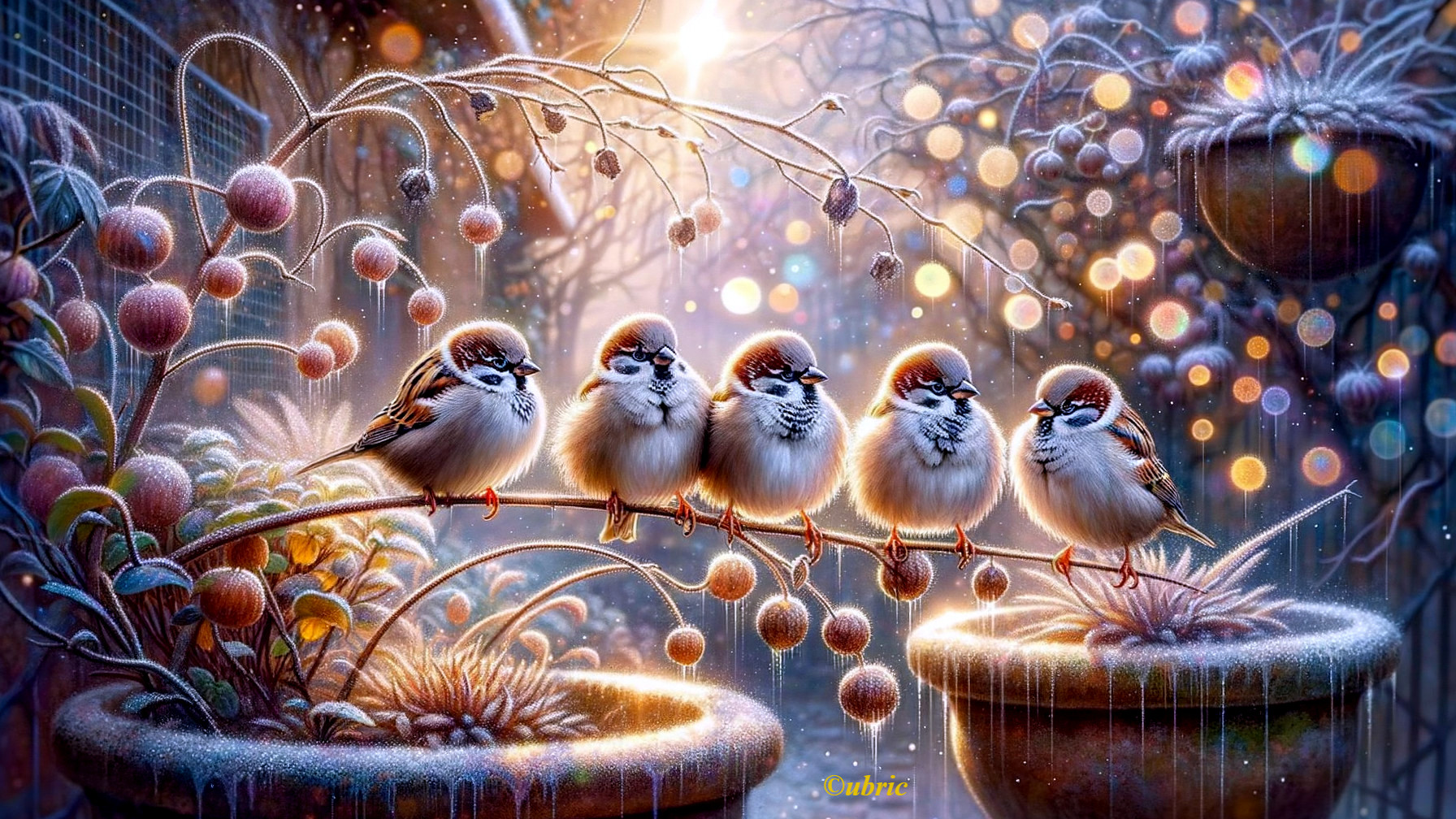 Winter Scene with Sparrows on a Frosted Branch