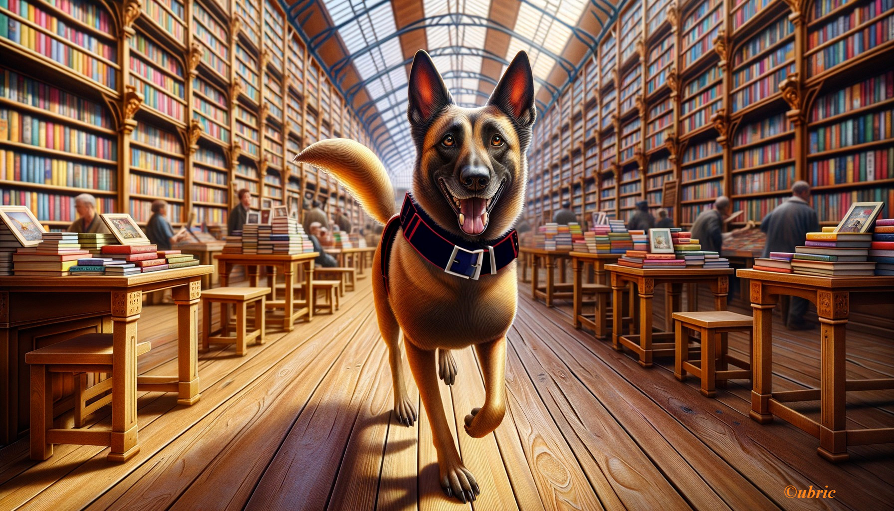 Dog in library with brown and black coat and books