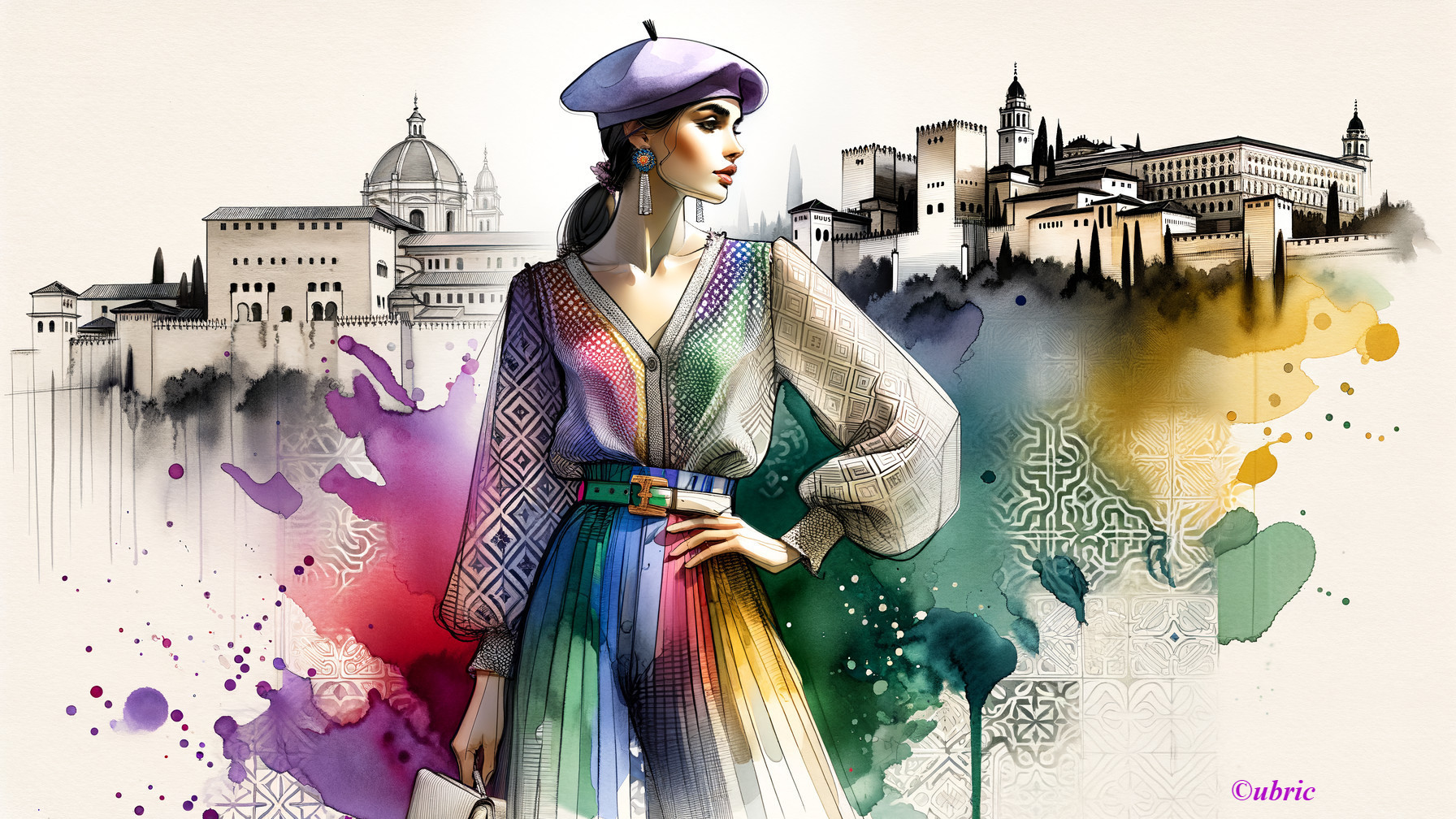 Stylish Woman in Colorful Outfit Against Iconic Architecture