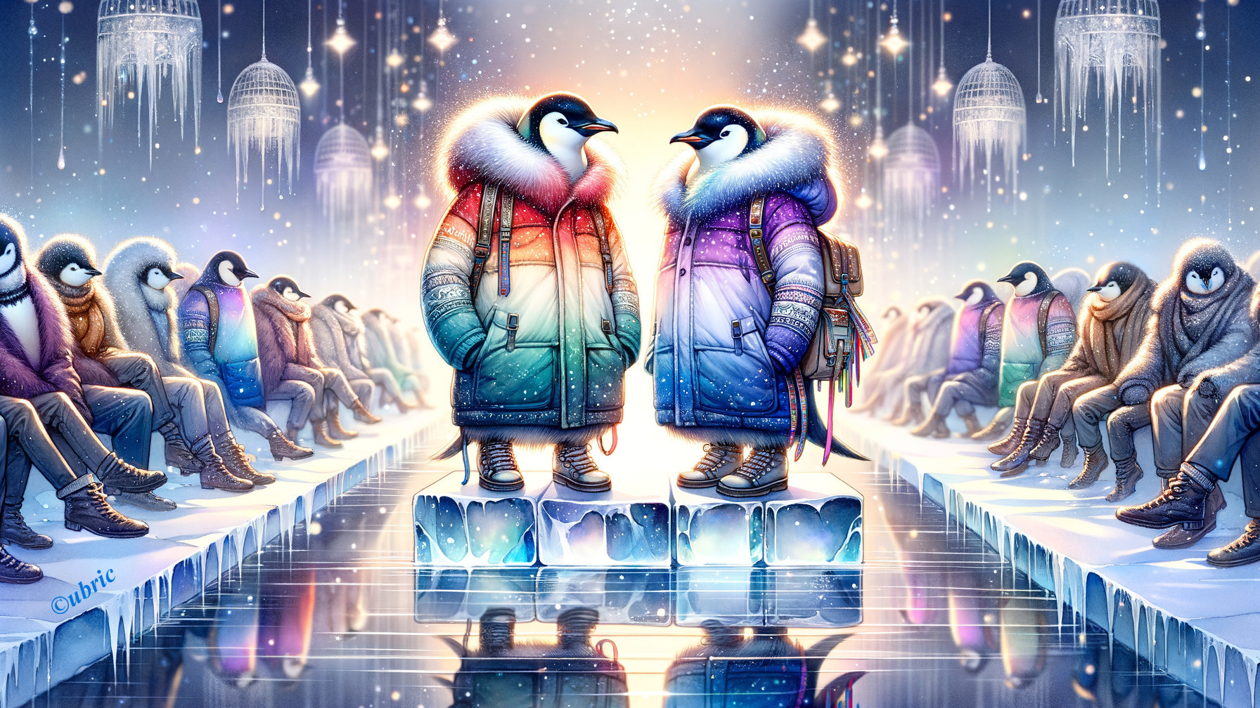 Whimsical Fashion Show with Penguins in Winter Coats