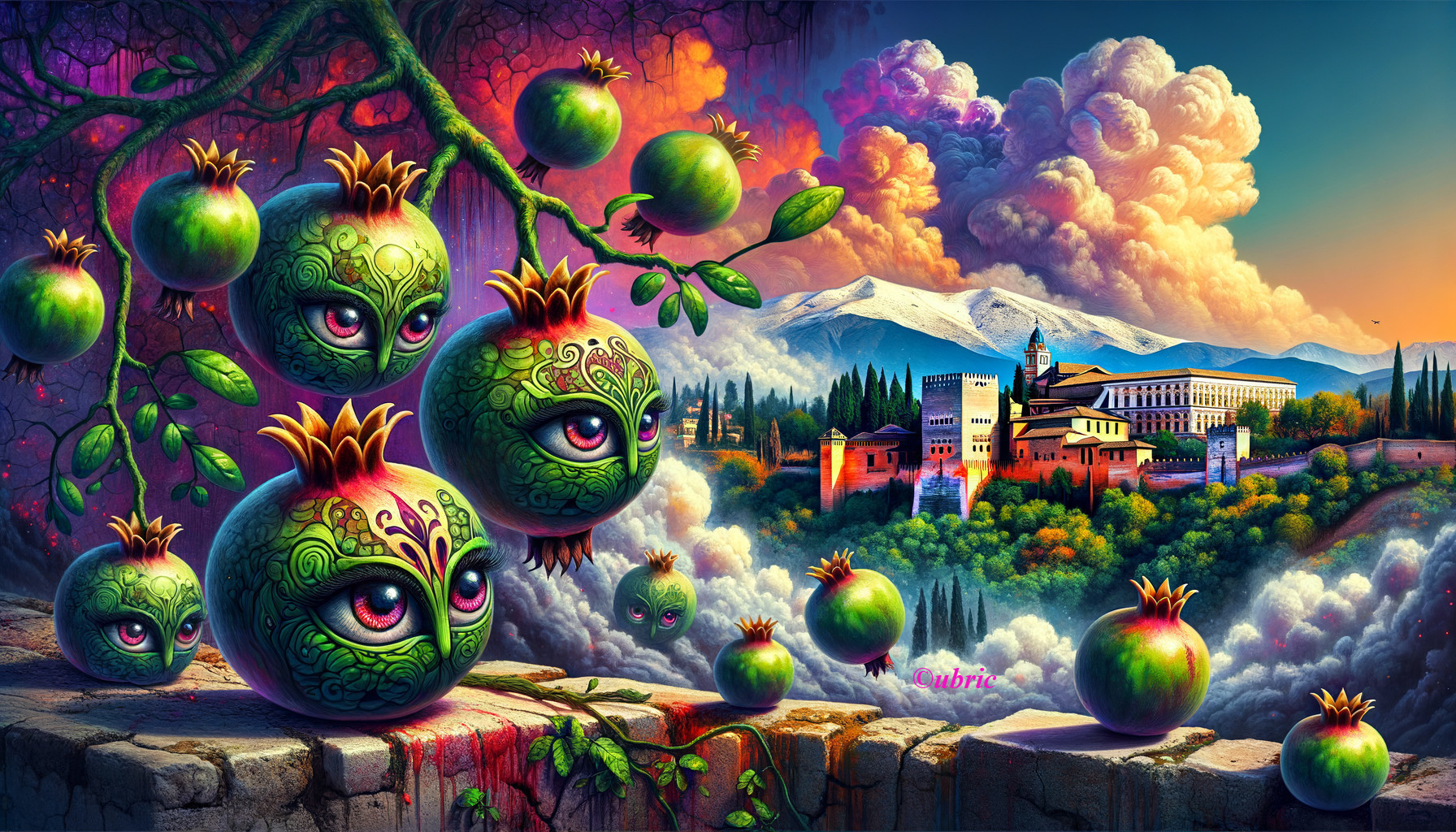 Whimsical Green Orbs and Vibrant Fantasy Landscape