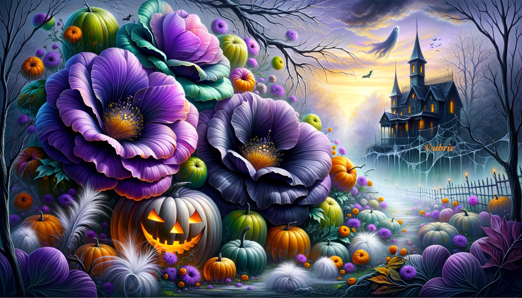 Vibrant Halloween Scene with Cabbages and Pumpkins