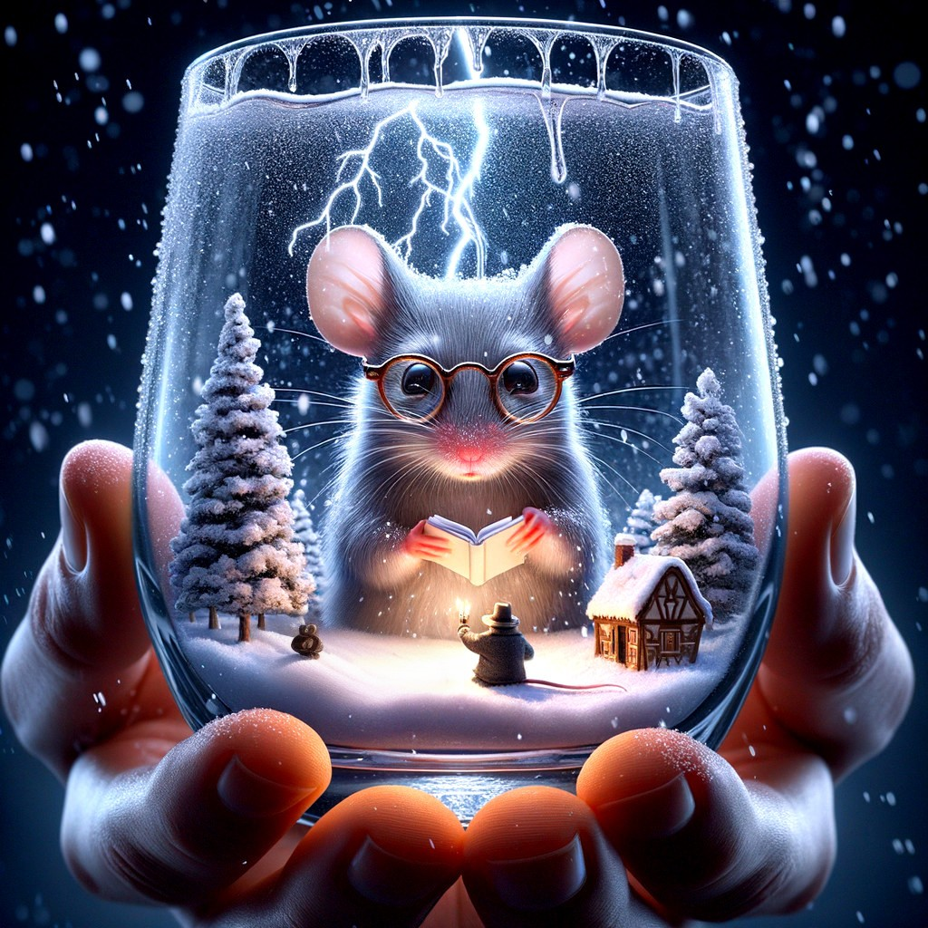 Whimsical snow globe scene with bespectacled mouse reading book